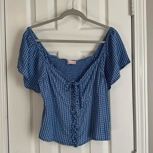 Blue Checkered Gingham Top with Bell Sleeves